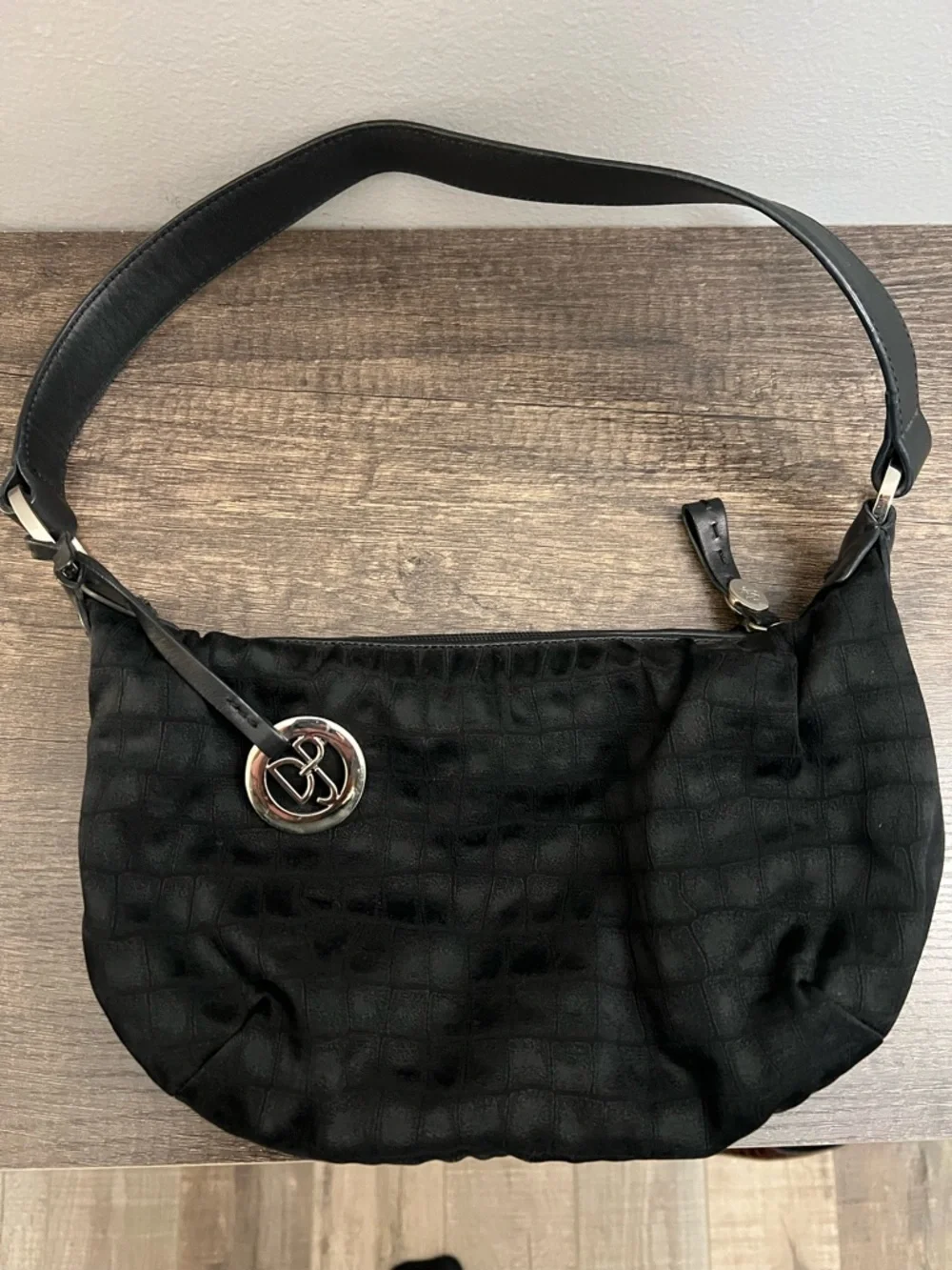 Donald J. Pliner Black Shoulder Bag with Silver-Tone Logo Charm like new